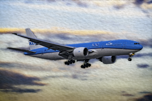 KLM 777-200 landing at dusk painting